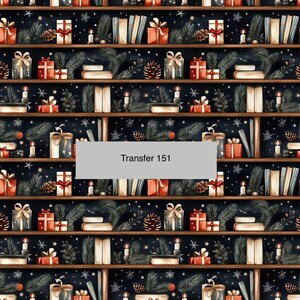 May include: A seamless pattern featuring a dark blue background with a repeating design of bookshelves filled with books, candles, pine cones, and Christmas presents. The presents are wrapped in red and white paper with gold ribbon. The books are a mix of colors and sizes. The pattern is perfect for use in a variety of crafting projects.