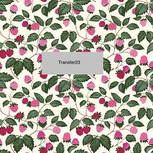 May include: A seamless pattern featuring pink raspberries and green leaves on a cream background. The text "Transfer23" is in the center of the image.