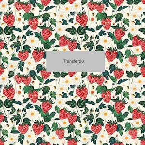 May include: A seamless pattern featuring red strawberries, green leaves, and white daisies on a cream background. The pattern is repeated throughout the image. The text "Transfer20" is printed in a gray box in the center of the image.