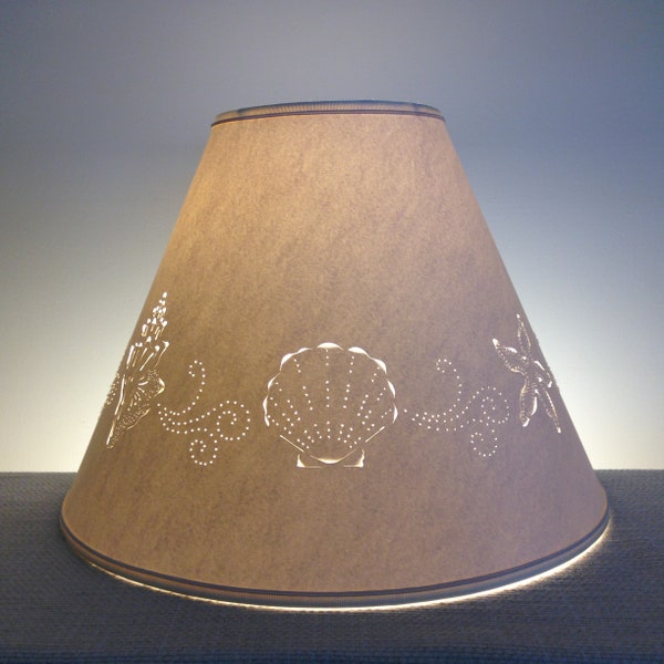 Seashell Border Cut and Pierced Design for Medium to Large Lampshades-Washer Top Fitting-Spider Top Fitting-Seashells-Paper Lampshade-