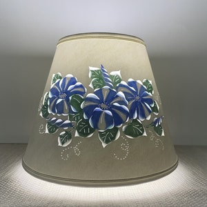 Morning Glories Reverse Painted Cut and Pierced Clip Top Lampshade-Clip Top-Blue Flowers-Pierced Lampshade-Shade for Small Lamp-Clip Fitting