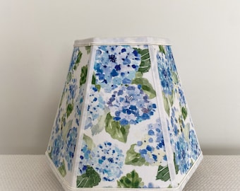 Hydrangea Fabric Hexagon Lampshade-Clip Top Lampshade-Floral Lampshade-Hydrangeas-Blue-Flowers-Lamp Shade-Snap on Lampshade