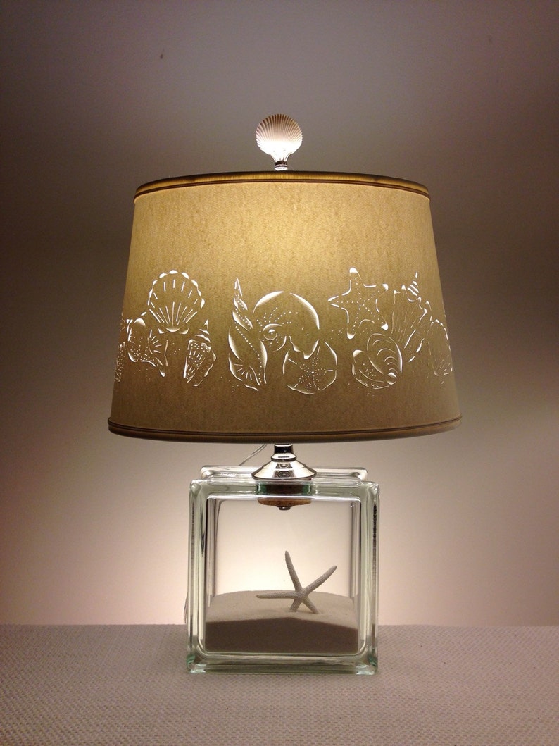 Glass Block Lamp With Hand Cut Seashell Lampshade Fillable Etsy
