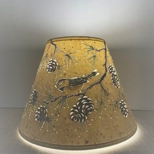 Pine Cone & Chickadee Lamp Shade-Clip on Lamp Shade-Pine Cones-Small Lamp Shade-Bird Lamp Shade-Rustic Lamp Shade-Pierced Lamp Shade