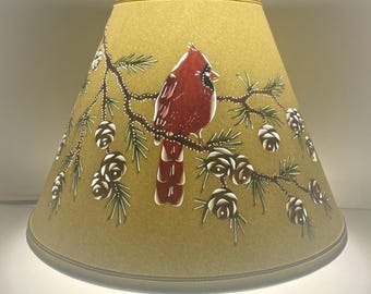 Cardinal Lampshade-Clip top Lampshade-Bird Lampshade-Birds-Cardinal-Red-Paper-Pierced Shade-Shade for Clip on Lamps-Pine Cones