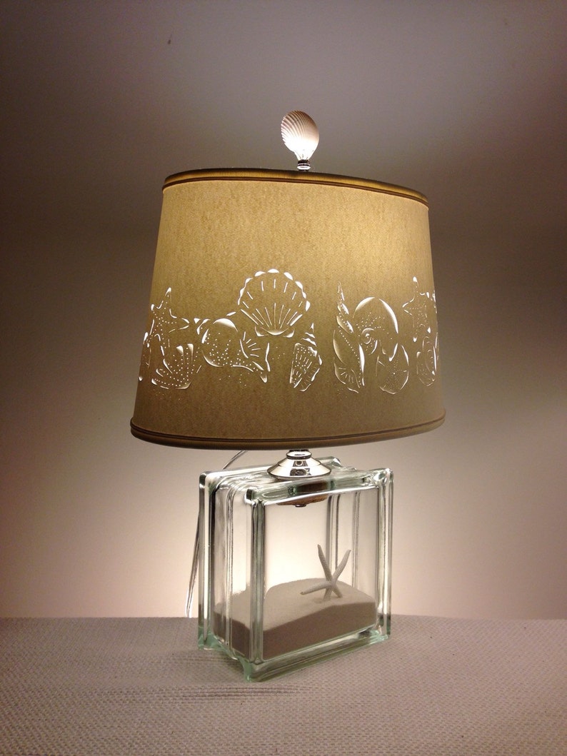 Glass Block Lamp With Hand Cut Seashell Lampshade Fillable Etsy