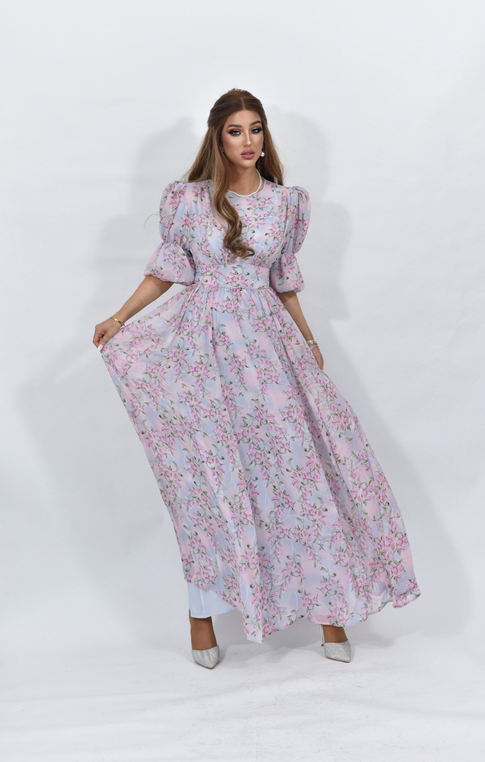 Elegant Floral Chiffon Cake Long Sleeve Maxi Dress main image 1