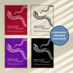 May include: Four framed art prints with a religious theme. Each print features a stylized illustration of a shofar horn and the text "Speak Unto The Children Of Israel." The backgrounds are red, cream, purple, and black. A blue circle indicates "4 DIFFERENT VERSIONS AVAILABLE!"