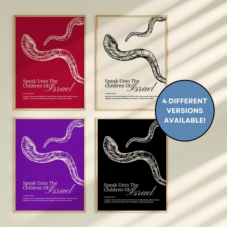 May include: Four framed art prints with a religious theme. Each print features a stylized illustration of a shofar horn and the text "Speak Unto The Children Of Israel." The backgrounds are red, cream, purple, and black. A blue circle indicates "4 DIFFERENT VERSIONS AVAILABLE!"
