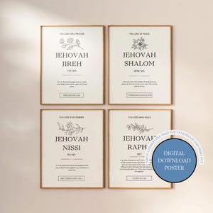 Hebrew Names of God Digital Poster Set of 4, Jehovah Rapha, Nissi, Shalom, Jireh, Hebrew Wall Art, Minimalist Inspirational Bible Scripture