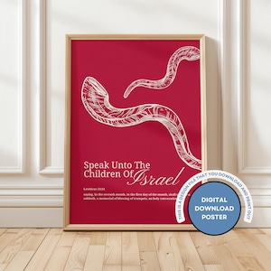 May include: A framed red poster with white line art of two shofars and text. The text reads "Speak Unto The Children Of Israel" and a quote from Leviticus 23:24. A circular sticker says "Digital Download Poster".