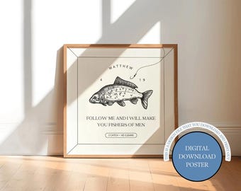 Poster con versetto biblico "Pescatori di uomini", Matteo 4:19, decorazione murale dedicata alla pesca (download digitale)