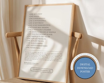 1 Corinthians 13:4-13 Scripture Digital Poster, Love is Patient, Love is Kind, Biblical Marriage Decor, Love Bible Verse Print, Modern Decor