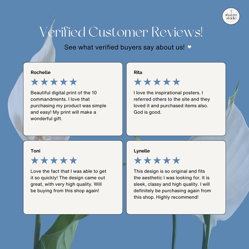 May include: A blue background with white floral accents and text that reads "Verified Customer Reviews!" and "See what verified buyers say about us!" Four customer reviews are displayed in white boxes.