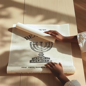 K&ouml;nnte beinhalten: Eine Schwarzwei&szlig;illustration einer Menora, einem siebenarmigen Leuchter, mit dem Text "REA יהודי אוי NO ISH, ANDS C I know thy works, and tribulation, and poverty." darunter.