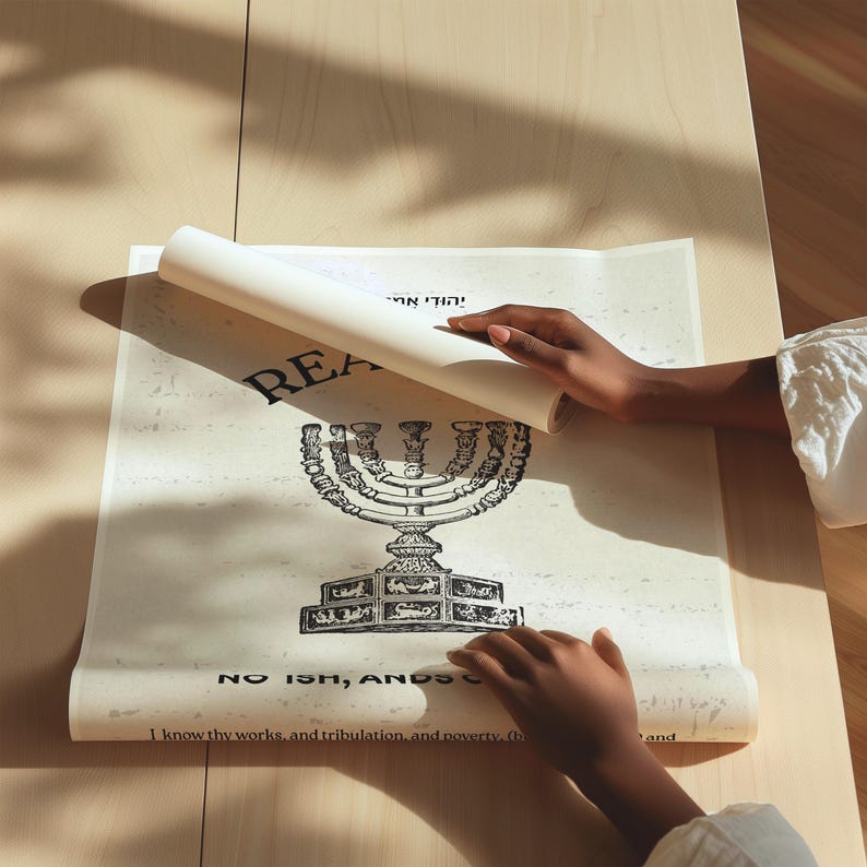 K&ouml;nnte beinhalten: Eine Schwarzwei&szlig;illustration einer Menora, einem siebenarmigen Leuchter, mit dem Text "REA יהודי אוי NO ISH, ANDS C I know thy works, and tribulation, and poverty." darunter.