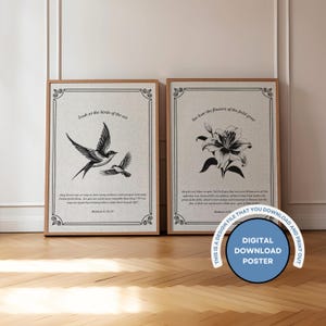 Look At The Birds, Consider The Lilies Digital Poster Set, Christian Wall Art, Matthew 6 Scripture Print, Vintage Faith-Based Home Decor