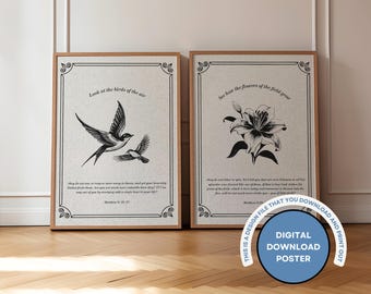 Birds and Lilies Christian Print Set: Matthew 6 Scripture Art (Digital Download)