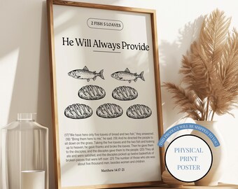 Two Fish Five Loaves Miracle Story Poster: Christian Bible Verse Art