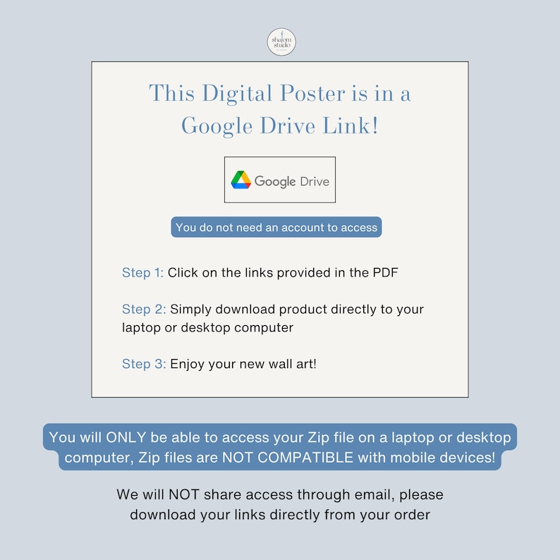 May include: Digital poster with text: "This Digital Poster is in a Google Drive Link!" and instructions for downloading. Includes a Google Drive logo and a note about accessing the Zip file on a computer.
