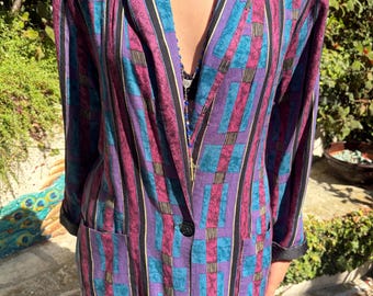 Blazer vintage anni '90 con stampa geometrica azteca viola e verde acqua