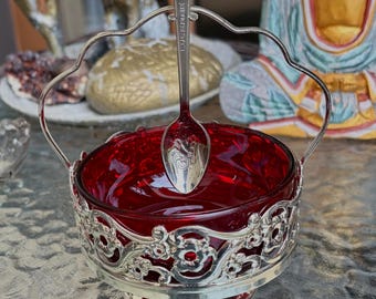 Red Vintage Sugar Bowl with Rolex Spoon