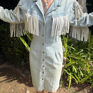 white denim fringe dress Judy Fringe Denim Mini Dress (White)