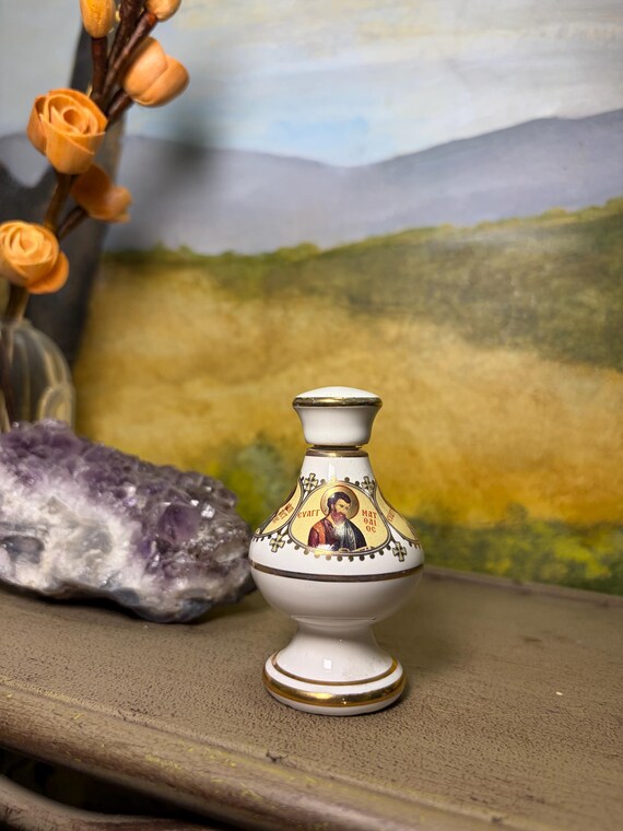 Greek Orthodox White Ceramic Holy Oil Holy Water Bottle