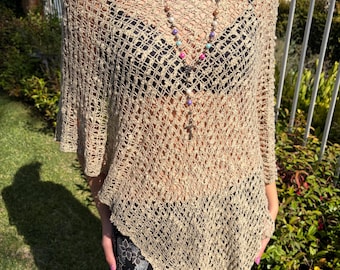 Vintage Y2K Beige asymmetrische schiere häkeln stricken Poncho Cover-Up