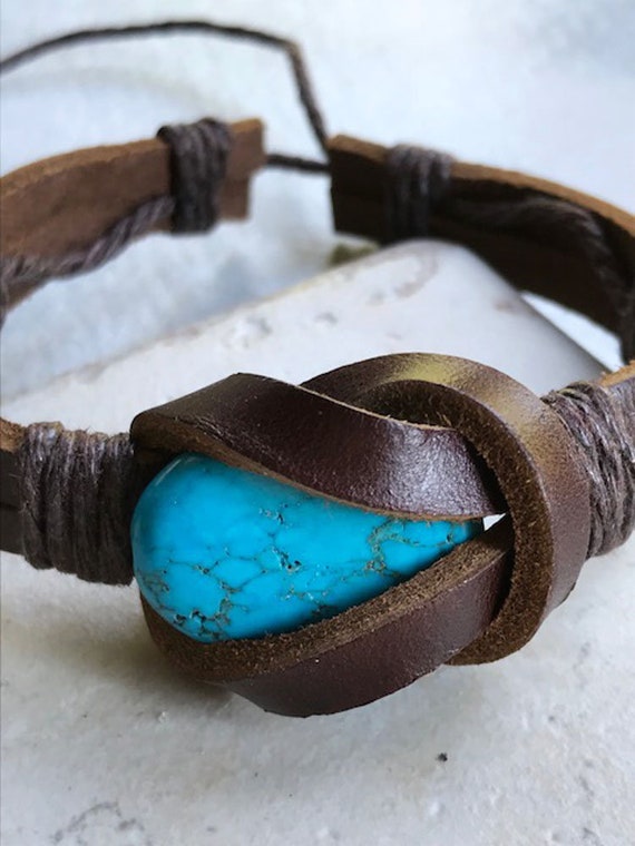 Men's Leather Turquoise Brown Cuff Native American Indian | Etsy