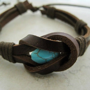 Men's Leather Turquoise Bracelet Brown Cuff Native American Indian ON SALE! image 2