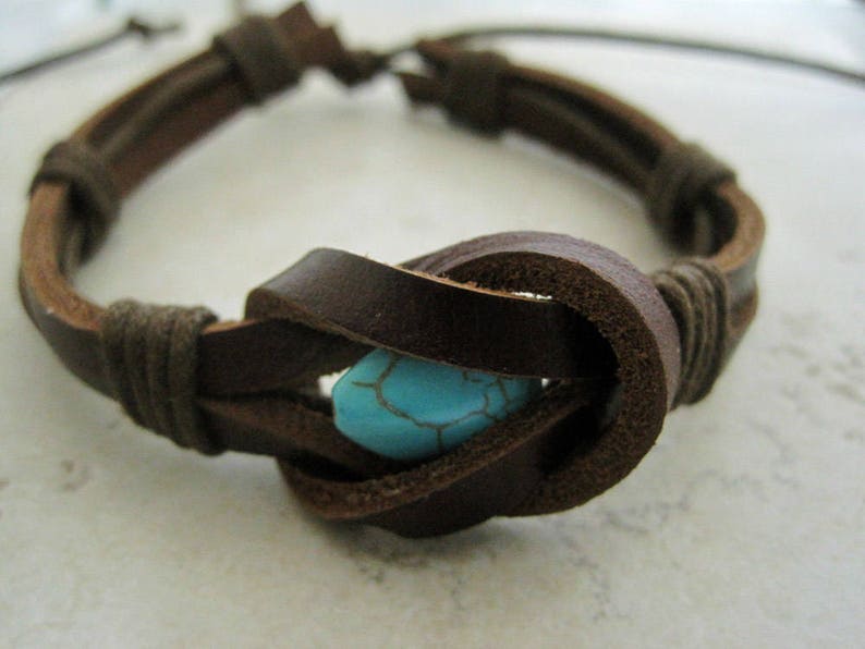 Men's Leather Turquoise Bracelet Brown Cuff Native American Indian ON SALE! image 2