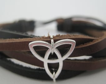 Irish Trinity Knot Leather Bracelet Women's Men Celtic Triquetra Leather Braided Bracelet Cuff