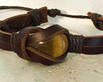 Tiger's Eye Leather Bracelet Brown Wrap Cuff Men's Women's On Sale SPECIAL PRICE