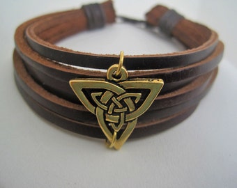 SALE Handcrafted Leather Bracelet Men Women Golden Celtic Shield Brown Wrap Cuff