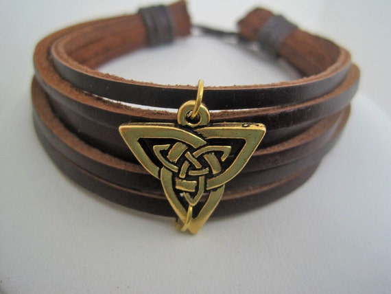 SALE Handcrafted Leather Bracelet Men Women Golden Celtic Shield Brown Wrap Cuff