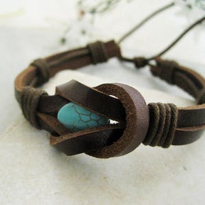 Men's Leather Turquoise Bracelet Brown Cuff Native American Indian ON SALE! image 3