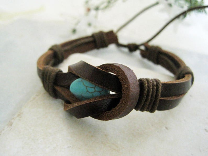 Men's Leather Turquoise Bracelet Brown Cuff Native American Indian ON SALE! image 3