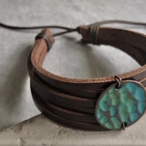Green Turquoise Hand Knotted Leather Bracelet with Cast Metal Rose