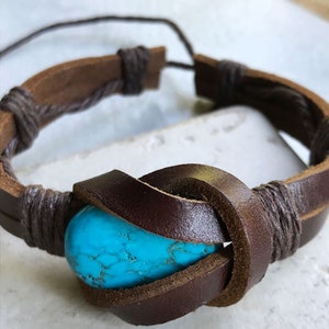 Men's Leather Turquoise Bracelet Brown Cuff Native American Indian ON SALE! image 1