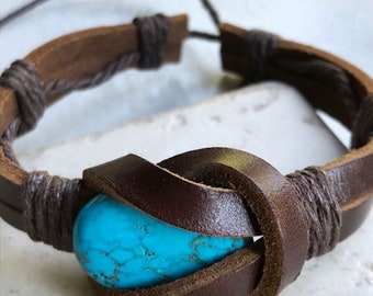 Men's Leather Turquoise Bracelet Brown Cuff Native American Indian SALE!
