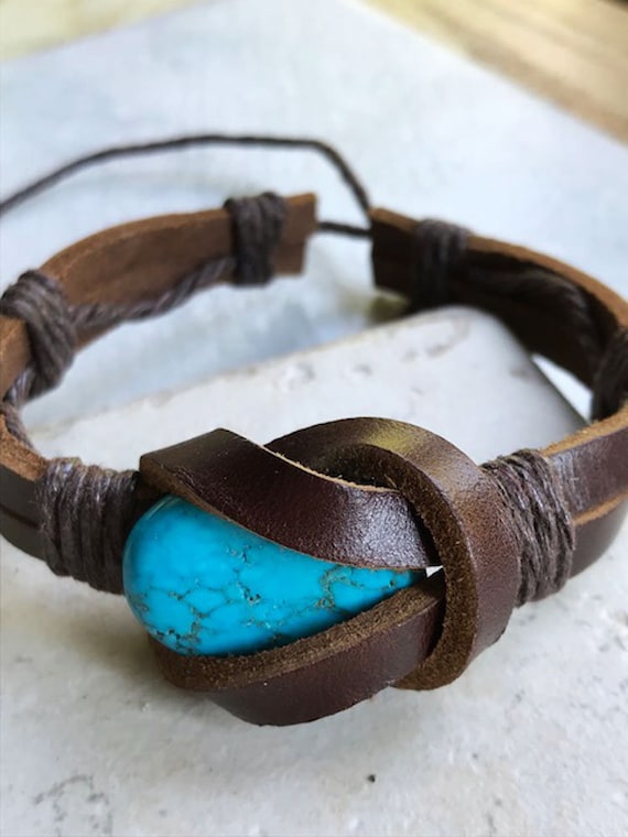 Men's Leather Turquoise Bracelet Brown Cuff Native American Indian ON SALE!