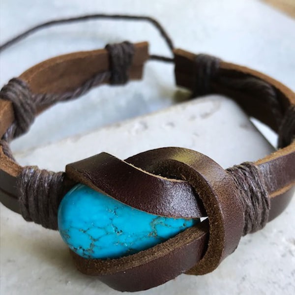 Men's Leather Turquoise Bracelet Brown Cuff Native American Indian SALE!