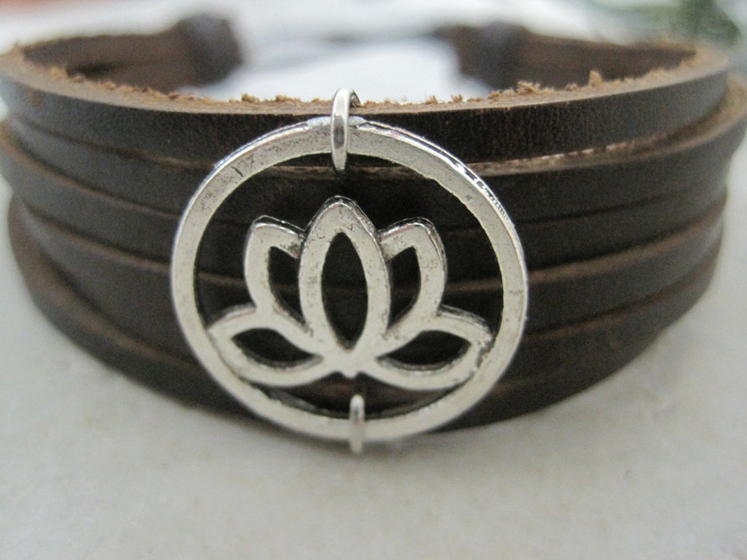 Women's Lotus Flower Leather Wrap Bracelet Cuff Adjust Etsy