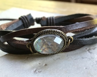 SALE Black Brown Braided Leather Bracelet Crystal Stone Cuff