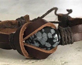 Men's Leather Bracelet  Cowhide Genuine Natural Stone Snowflake Obsidian Brown Mens Cuff