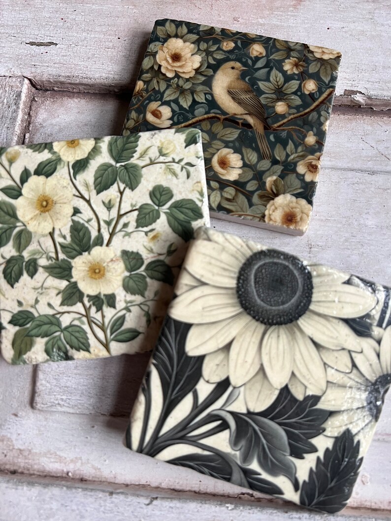 Night Garden floral botanical stone coasters set of 6 image 3