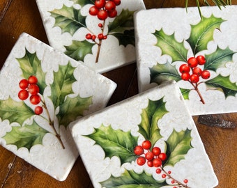 Holiday Holly stone coasters- set of 4