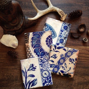 In Blue coasters - drink coasters- vintage blue floral patterns