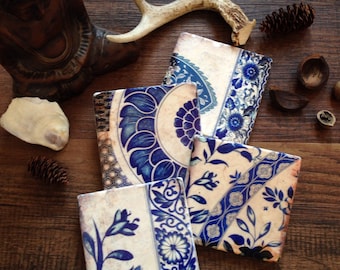 In Blue coasters - drink coasters- vintage blue floral patterns